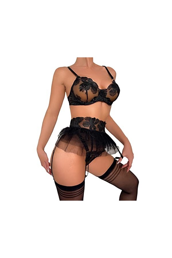 Ensemble Lingerie Sexy Femme Érotique, Femmes Noir Dentelle Sexy Ouvert Entrejambe Bas Crotchles RéSille Lingerie Lingerie Pu