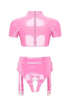 Kaerm Ensemble Lingerie Latex Sexy Femme Demi Soutien-Gorge Seins Nu Dentelle String Ficelle Clubwear sous-Vêtement S-4XL Ros