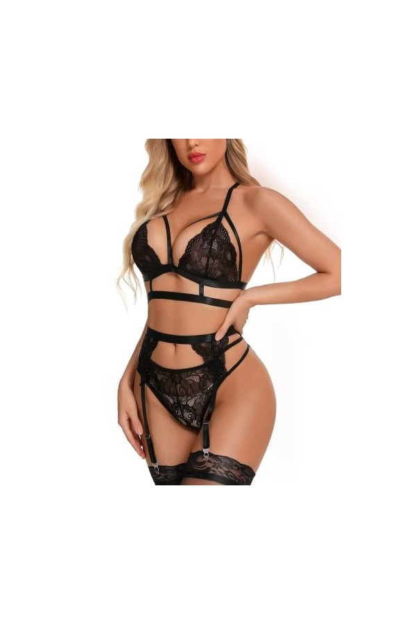 RSLOVE Lingerie Sexy pour Femme Soutien-Gorge et Culotte en Dentelle Florale 3 Pièces avec Porte-Jarretelle Noir S