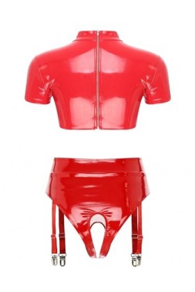 Kaerm Ensemble Lingerie Latex Sexy Femme Demi Soutien-Gorge Seins Nu Dentelle String Ficelle Clubwear sous-Vêtement S-4XL Rou