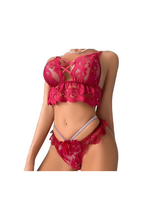 Ensemble de Lingerie Sexy en Dentelle, Couleur Unie, Large, Bretelles en V Profondes, ajouré, Tentation Color : Red, Size : 