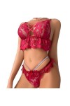 Ensemble de Lingerie Sexy en Dentelle, Couleur Unie, Large, Bretelles en V Profondes, ajouré, Tentation Color : Red, Size : 