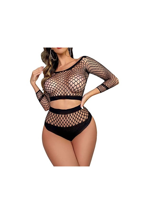 SINROYEE Lingerie en résille pour femme - Lingerie sexy - Body transparent à manches longues, noir, taille unique