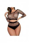 SINROYEE Lingerie en résille pour femme - Lingerie sexy - Body transparent à manches longues, noir, taille unique