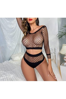 SINROYEE Lingerie en résille pour femme - Lingerie sexy - Body transparent à manches longues, noir, taille unique