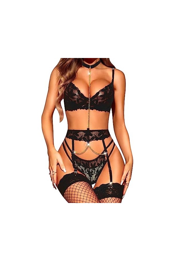 RSLOVE Lingerie Sexy avec Porte-jaretelle Ensemble Lingerie Femme 3 Pièces avec Collier Noir L
