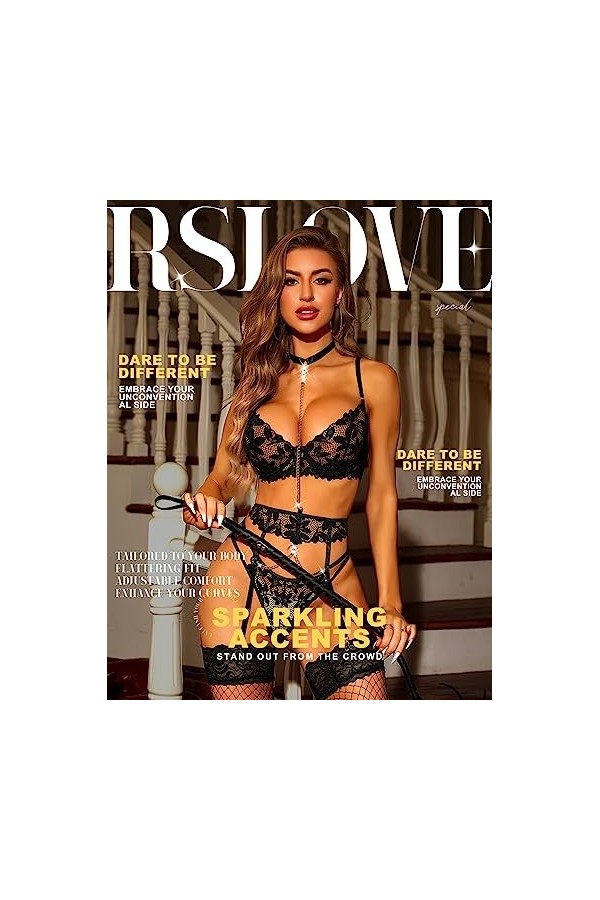 RSLOVE Lingerie Sexy avec Porte-jaretelle Ensemble Lingerie Femme 3 Pièces avec Collier Noir L