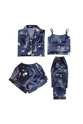 HANXIULIN Lot de 4 chemises de nuit sexy pour femme - Col en V - Satin - Mode tentation - Vêtement de nuit - Nuisette - Chemi