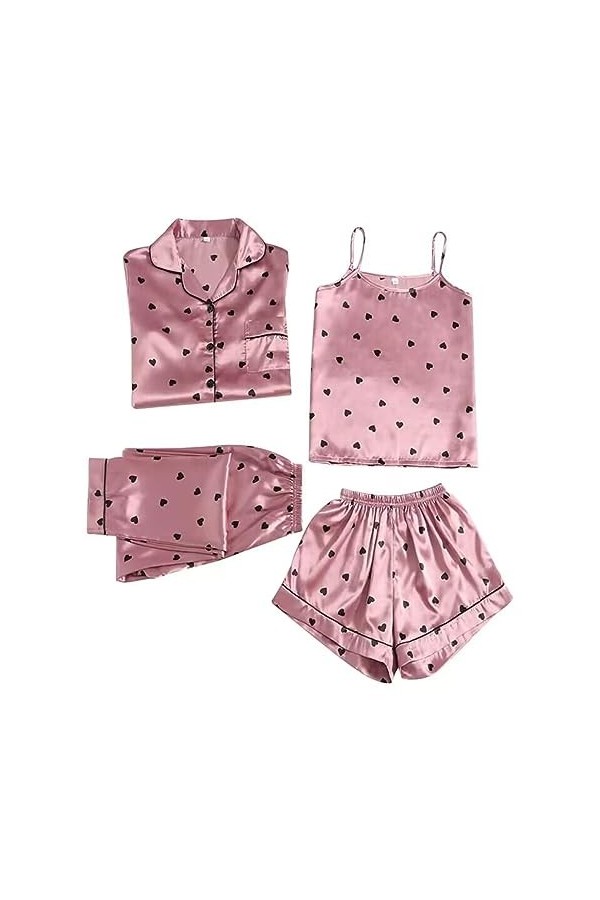 HANXIULIN Lot de 4 chemises de nuit sexy pour femme - Col en V - Satin - Mode tentation - Vêtement de nuit - Nuisette - Chemi