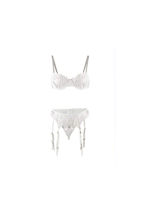 Femme Ensemble de Lingerie en Dentelle 3 Pièces Grande Taille sous-Vêtements Transparent Réglable Soutien-Gorge et Porte-Jarr