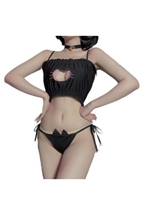Lingerie sexy pour femme - Anime japonais - Motif chat mignon - Noir