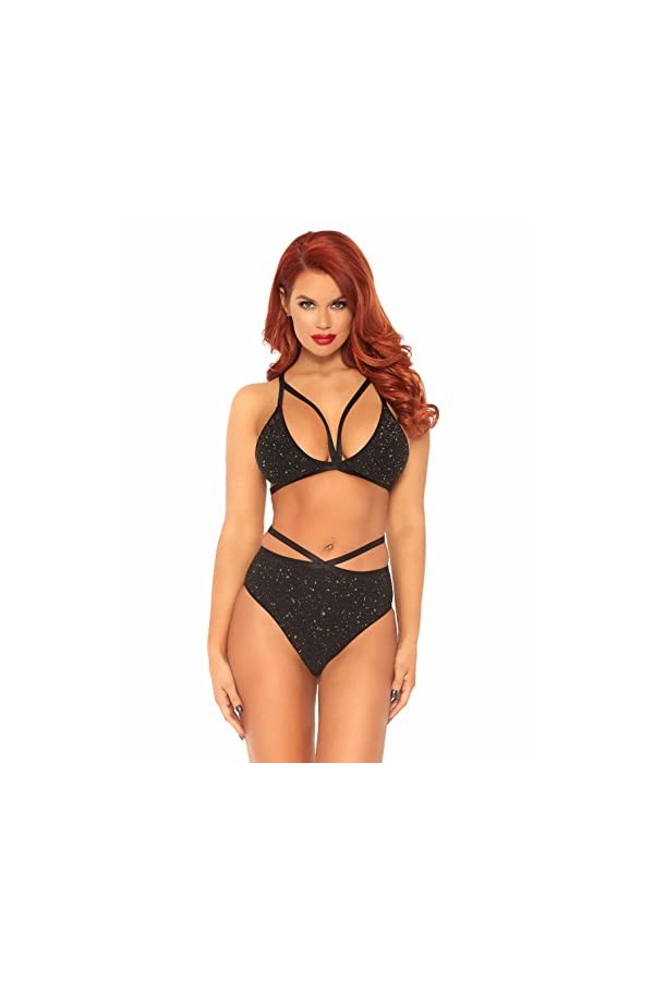 Leg Avenue 81576 Soutien-Gorge en Lurex & Slip Brésilien Or Noir Taille S/M EUR 38-40
