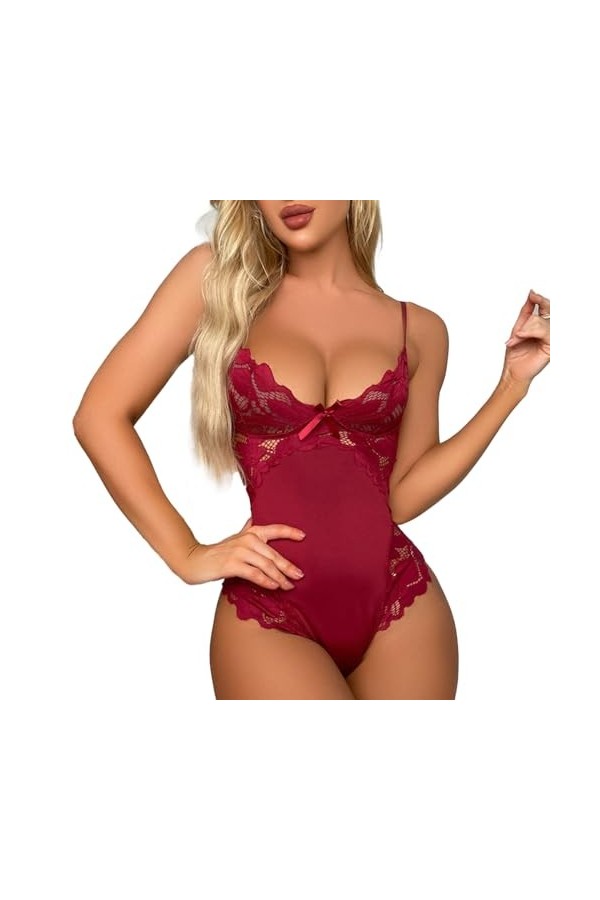 Lingerie Sexy, Body à Bretelles, sous-vêtements serrés élastiques Color : Red, Size : L 