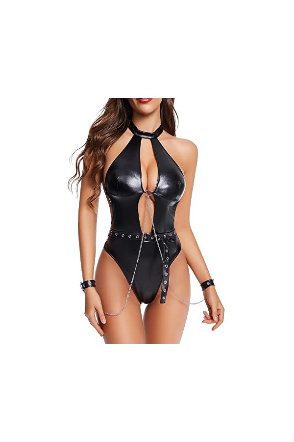 ADSEXY Lingerie Sexy Wetlook cuir verni Sexy Lingerie Femmes Robe Réglable Dos Nu Robe de Soirée Negligee Sexy Lingerie Clubw