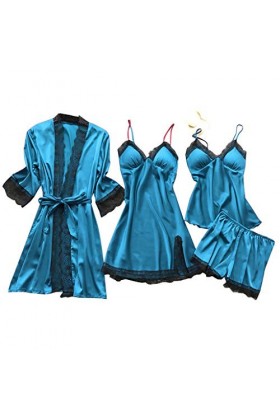 Pyjama en satin 4 pièces pour femme - Col en V - Sous-jupon - Nuisette sexy - Respirant - Bandoulière réglable - Vêtement de 