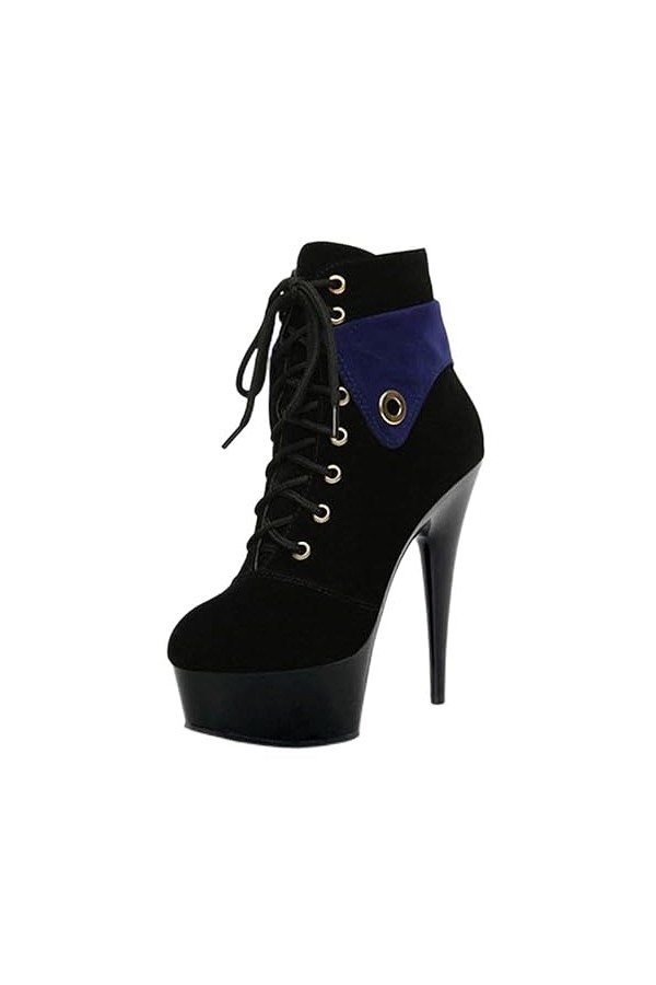 PROMI Talon Aiguille 15cm Black Stylish Round Toe Fashion Boots-Blue||34