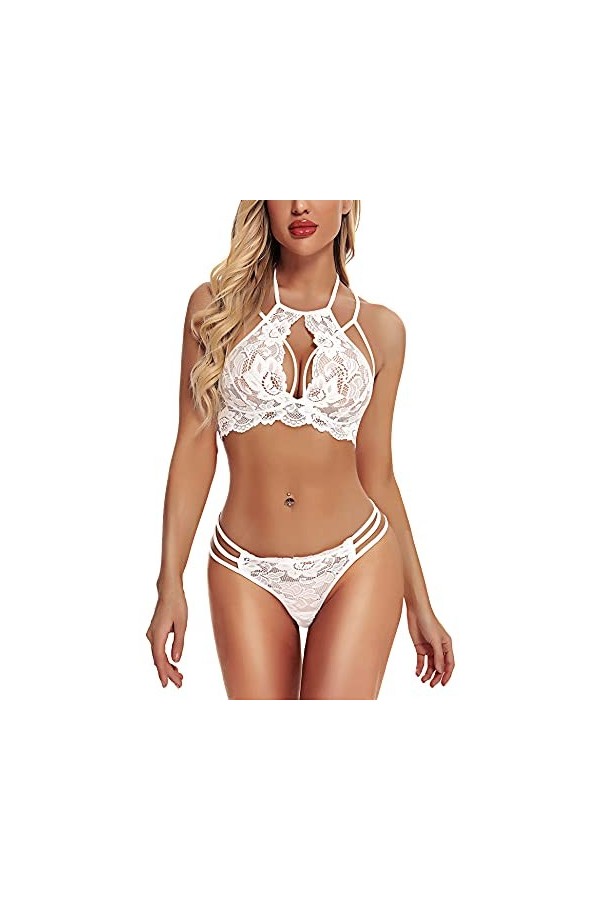 RSLOVE Lingerie Sexy pour Femmes Nuisette en Dentelle Ensemble Soutien-Gorge et Culotte Sexy 2 Pièces Blanc L