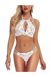 RSLOVE Lingerie Sexy pour Femmes Nuisette en Dentelle Ensemble Soutien-Gorge et Culotte Sexy 2 Pièces Blanc L