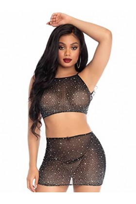 Leg Avenue Top Court Dos Nu en Élasthanne Transparent avec Strass/Mini Jupe Assortie Noir Taille S