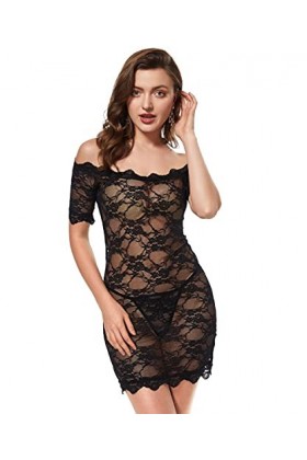 LINGERLOVE Nuisette sexy à manches longues et épaules dénudées pour femme, Noir manches courtes , S-M