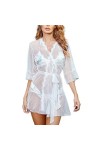 EnTyze Lingerie Sexy for Femmes, Robe extérieure en Maille à Pois, Costume à Trois Points en Soie glacée imprimée Color : Wh