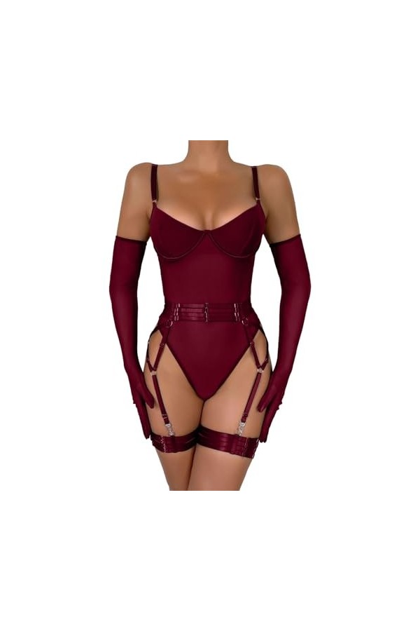 DUHGBNE Ensemble de lingerie sexy pour femme avec jarretelles transparentes 4 pièces, rouge, S