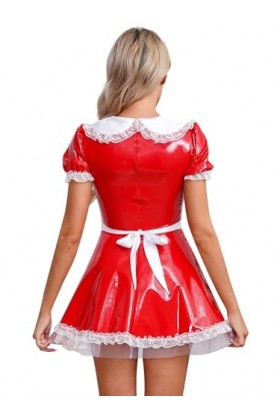 iiniim Déguisement Serveuse Robe Cosplay French Maid Sexy Costume Halloween Carnaval Fête Uniforme Soubrette Robe Cuir Verni 