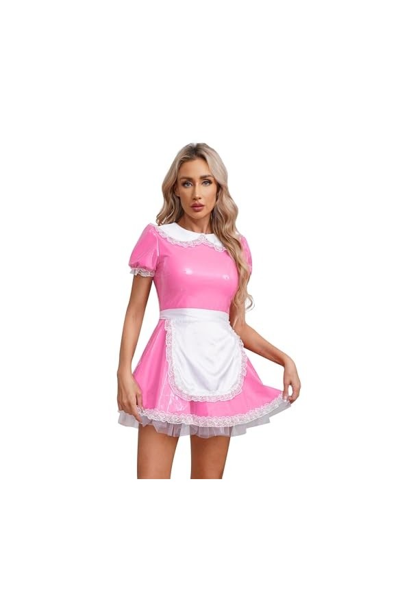 Agoky Robe De Soirée Cocktail Dentelle Déguisement Servante Femme De Chambre Sexy Soubrette Cuir Verni Costume Jeu De Rôle Un