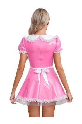 Agoky Robe De Soirée Cocktail Dentelle Déguisement Servante Femme De Chambre Sexy Soubrette Cuir Verni Costume Jeu De Rôle Un