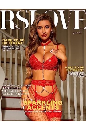RSLOVE Lingerie Sexy avec Porte-jaretelle Ensemble Lingerie Femme 3 Pièces avec Collier Rouge XXL