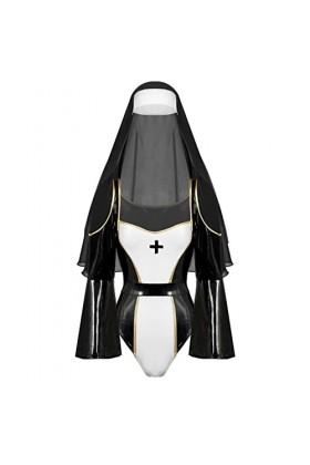 ranrann Déguisement Nonne Femme Sexy Mini Jupe Moulante Cuir Crop Top Transparent Ouvert Coiffe Brillant Jeu de Role Erotique