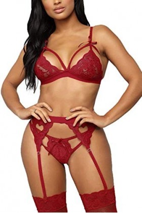 Evelife - Ensemble de lingerie en dentelle pour femme avec porte-jarretelles - 3 pièces, soutien-gorge et culotte en dentelle