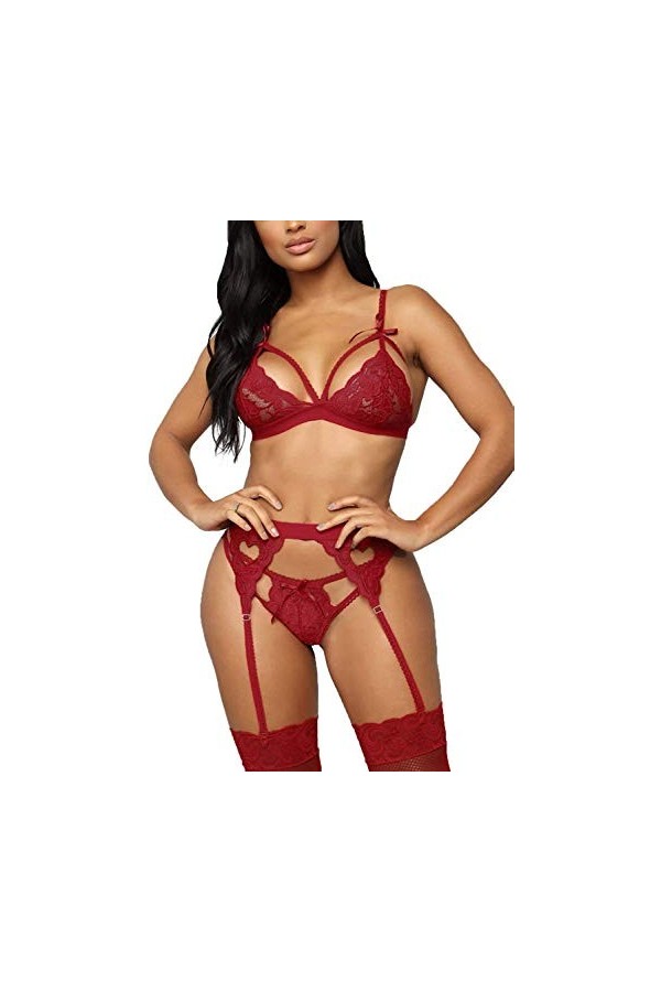 Evelife - Ensemble de lingerie en dentelle pour femme avec porte-jarretelles - 3 pièces, soutien-gorge et culotte en dentelle