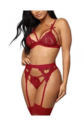 Evelife - Ensemble de lingerie en dentelle pour femme avec porte-jarretelles - 3 pièces, soutien-gorge et culotte en dentelle