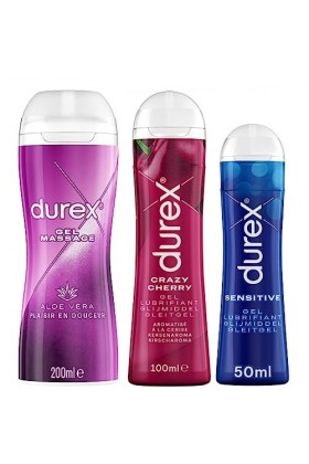 DUREX Lot de 3 Gels Lubrifiants Intimes - Gel De Massage 2 en 1 Aloë Vera 200ml - Gel Lubrifiant Comestible Goût Cerise 100ml