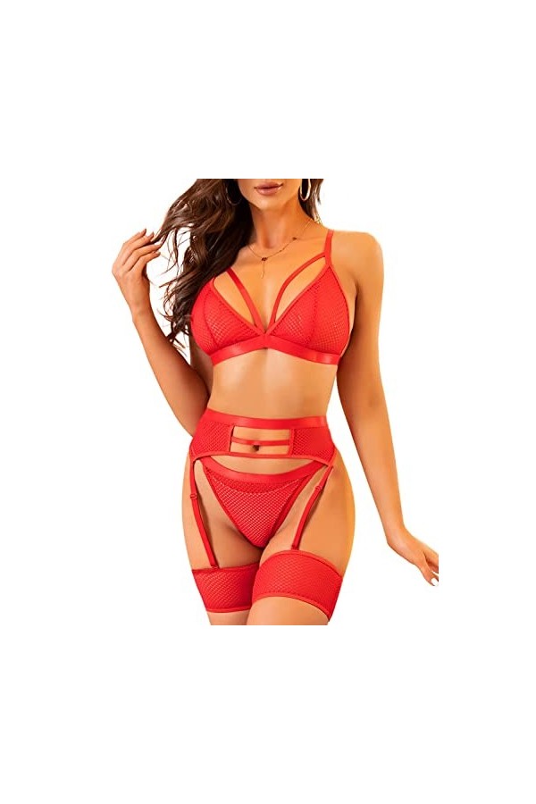 Ensemble de Lingerie Sexy en Dentelle pour Femme - Soutien-Gorge en résille et Culotte Taille Haute - sous-vêtements en Maill