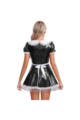 JanJean Costume De Soubrette Femme Robes En Cuir Verni Avec Tablier Tenue Deguisement Maid Outfits Sexy Wetlook Clubwear Jeux