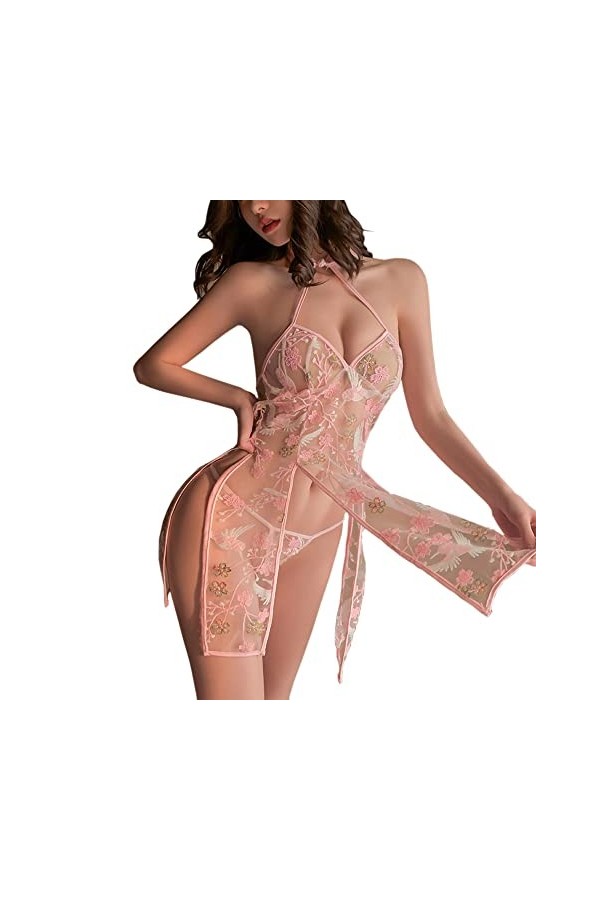 Lingerie sexy en dentelle pour femme - Nuisette en maille transparente pour femme - Robe Cheongsam sexy rouge 