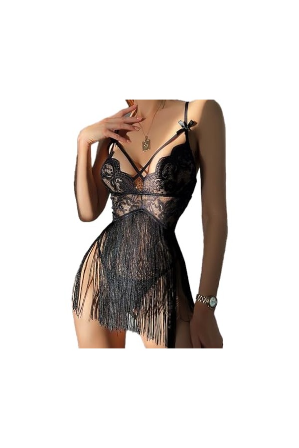 Lingerie Sexy, Dentelle Transparente, V Profond, Jupe à Pompons tentante, Ensemble Chemise de Nuit Sexy Dos Nu Color : Black
