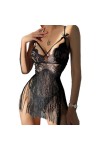 Lingerie Sexy, Dentelle Transparente, V Profond, Jupe à Pompons tentante, Ensemble Chemise de Nuit Sexy Dos Nu Color : Black