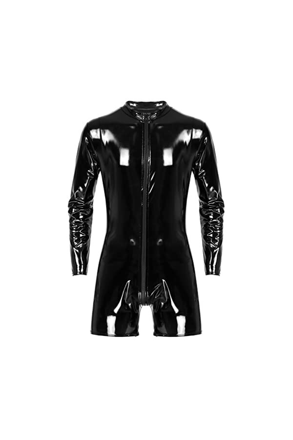 LiiYii Catsuit en Cuir Verni pour Hommes Body Sexy Latex Combinaison à glissière serrée Vêtements en Caoutchouc avec Fermetur