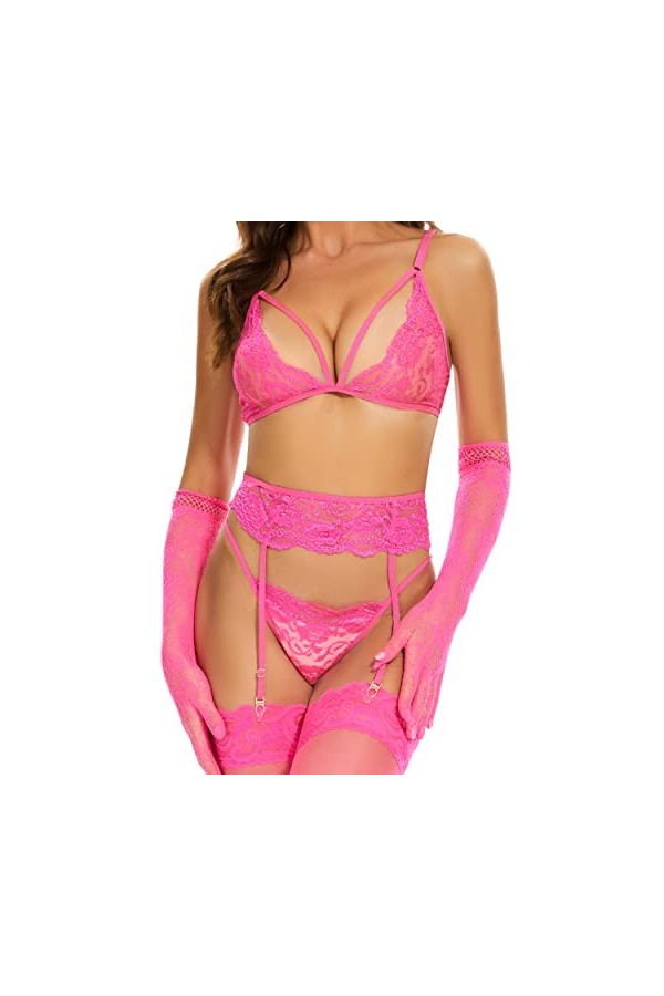 Ensemble de lingerie sexy avec porte-jarretelles avec bas et gants, soutien-gorge et culotte pour femmes vêtements de nuit se