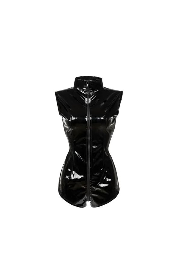 ARESU Combinaison Sexy en Latex PVC Noir pour Femme en Simili Cuir - Ensemble Punk Club - Noir - XXXL