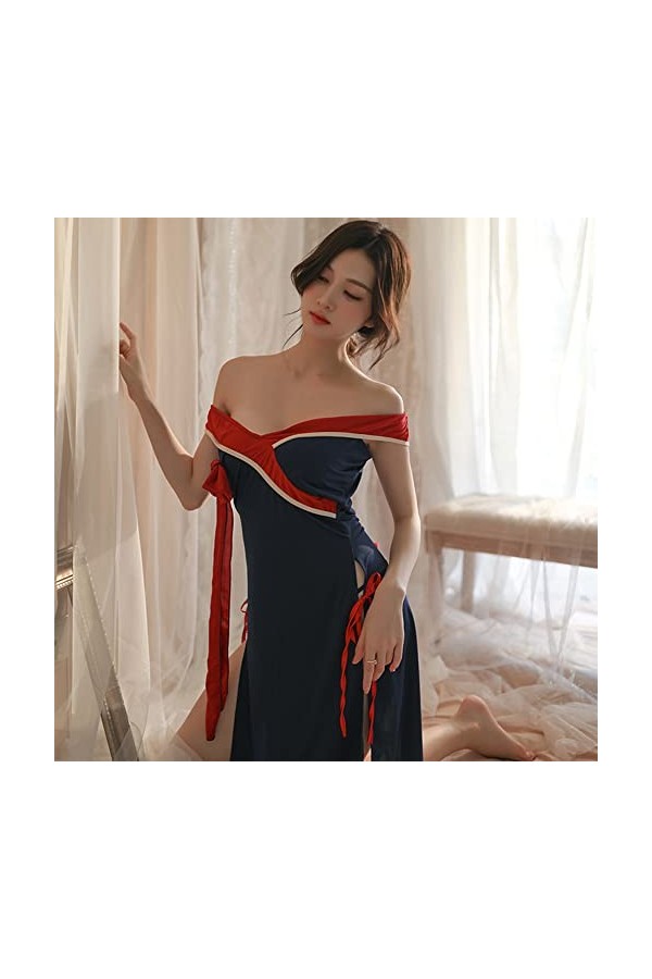 Temptshow Lingerie Chinoise Sexy Cheongsam Rétro Col Montant Boucle Anime Cosplay Pyjama Chinois Traditionnel, Bleu/rouge., t