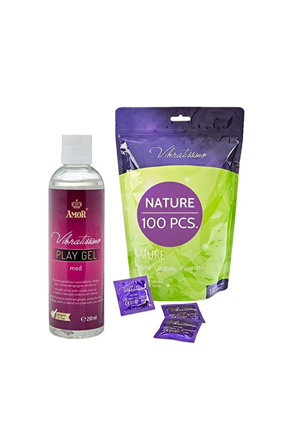 VIBRATISSIMO Préservatifs Nature lot de 100 unités & gel lubrifiant I Boîte de préservatifs extra lubrifiés couleur naturelle