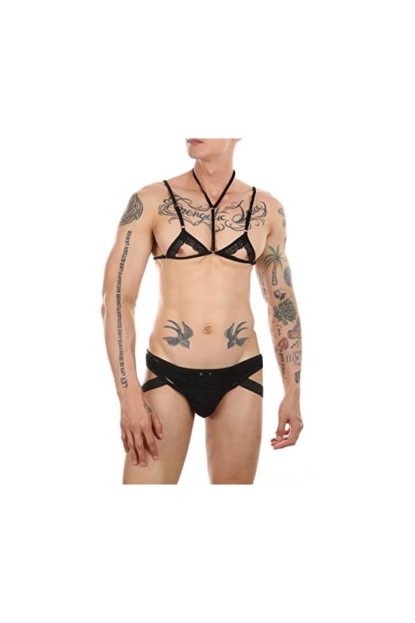 SDGTMYJSY Homme Sissy Travesti Lingerie Sexy Mens Lingerie Sissy Crossdresser Set Nightwear Réglable Spaghetti Strap Halter É