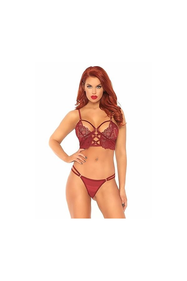 Leg Avenue 81577 Bralette en Dentelle/String Bourgogne Taille S/M EUR 38-40
