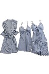 HANXIULIN Pyjama en satin 4 pièces pour femme - Col rond - Chemise de nuit sexy - Uniformes - Sous-vêtements - Chemise de nui