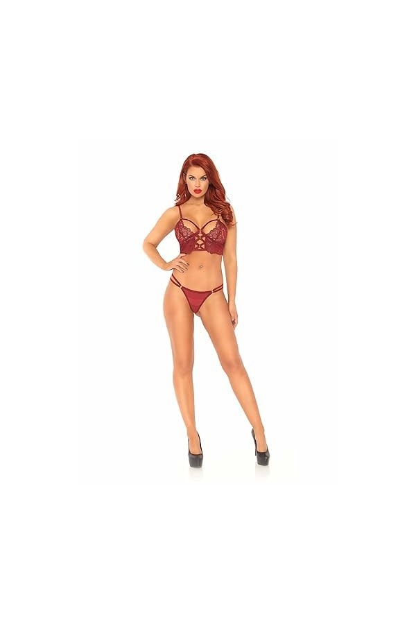 Leg Avenue 81577 Bralette en Dentelle/String Bourgogne Taille S/M EUR 38-40