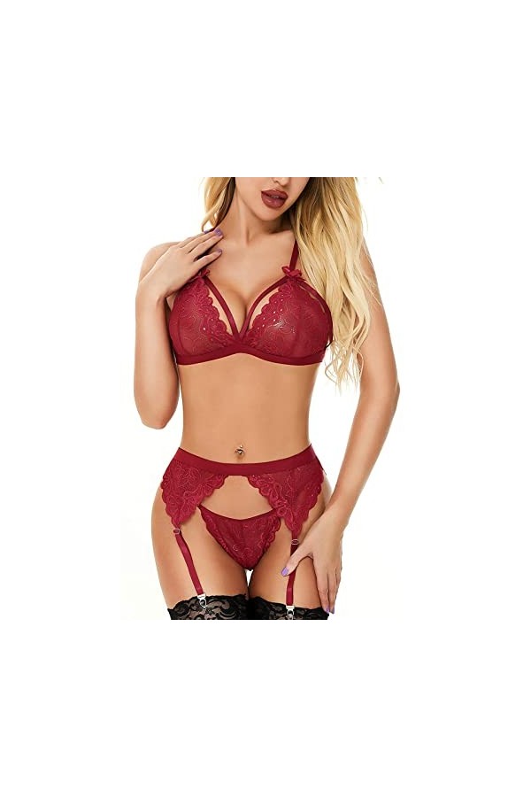 Jolikley Nuisette sexy en dentelle pour femme avec décolleté en V profond, A02269-rouge, L